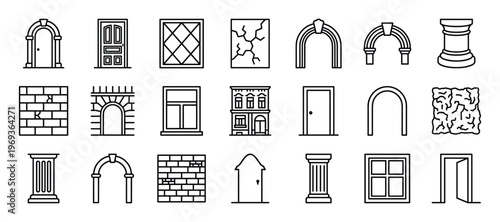 Various black outline icons depicting architectural elements like doors, windows, arches, and building facades in a clean, minimalist style