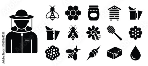 Collection of black silhouette beekeeping icons including a beekeeper, bees, honeycomb, honey jar, beehive, and various tools, presented in a clean, graphic style