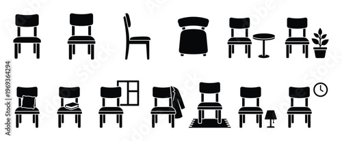 Collection of black silhouette chair icons in various positions and with different objects, presented as a graphic design element