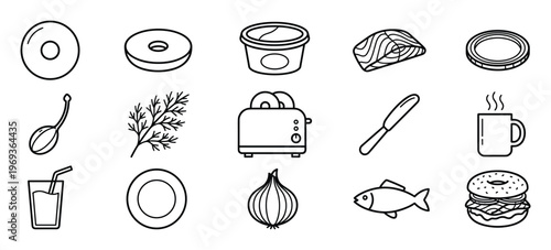 Collection of black outline icons depicting various breakfast and food items, including bagels, salmon, and kitchen tools