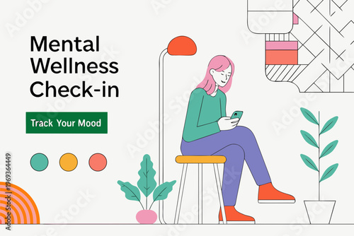 Illustration promoting mental wellness and a mood tracking check in