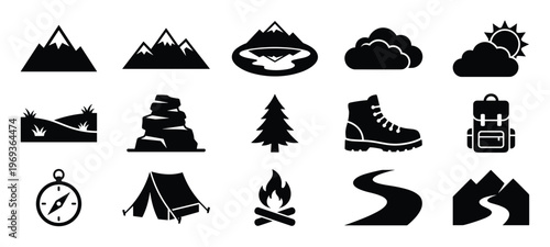 Collection of black silhouette icons representing various outdoor and camping elements, including mountains, trees, and gear