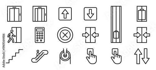Comprehensive set of black outline elevator and escalator icons, including various symbols for movement, controls, and access