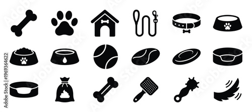 Collection of black silhouette pet care icons including a bone, paw print, dog house, leash, collar, and various bowls
