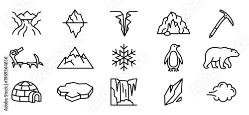 Collection of fifteen black outline icons representing various arctic and winter elements, including animals, landscapes, and tools