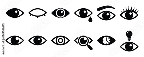 Collection of black and white eye icons depicting various states and actions, including open, closed, crying, and observing