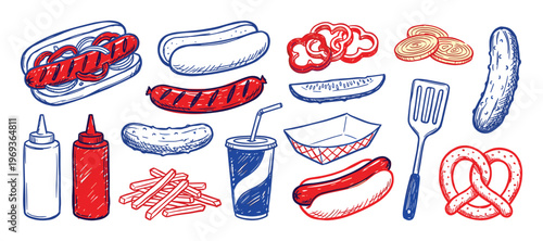 Hand-drawn red and blue hot dogs, condiments, and snacks in a vibrant, playful doodle style