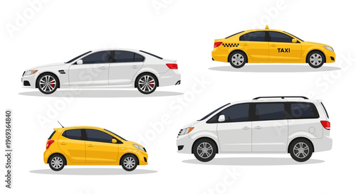 Various car models in different colors against a white background