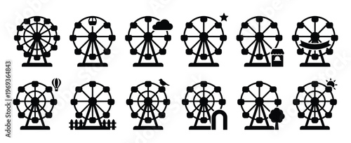 This collection of black Ferris wheel icons features various amusement park elements, presented in a clean, graphic style