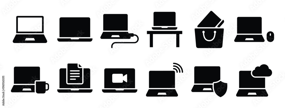 Fototapeta premium Collection of black silhouette laptop icons depicting various computer-related activities and concepts in a clean, modern style
