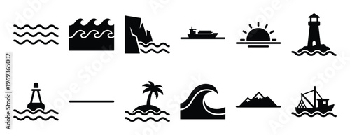 Collection of black silhouette icons representing various sea and ocean-related elements, including waves, ships, a lighthouse, and an island