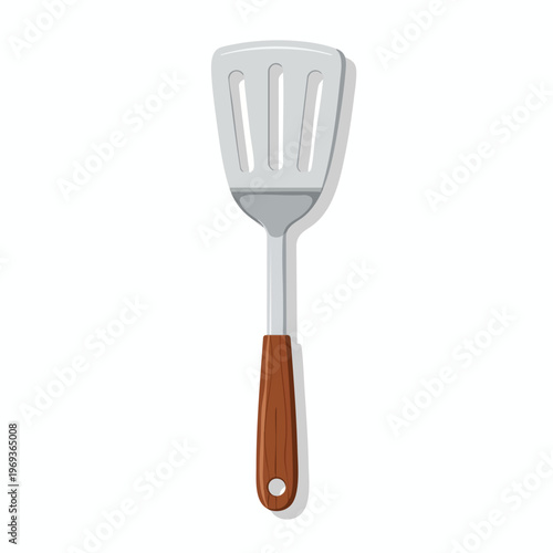 A silver spatula with a wooden handle and three slots, on a white background