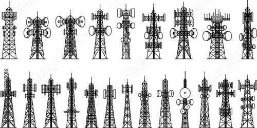 Set of telecommunications tower silhouettes with antenna dishes and signal equipment isolated on light background flat vector illustration for network technology and communication infrastructure 