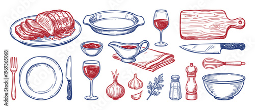 Collection of hand-drawn kitchen and food items, including sliced roast meat, wine glasses, utensils, and spices, in a sketch art style
