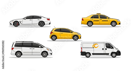 Various car models in white and yellow color side view isolated on white