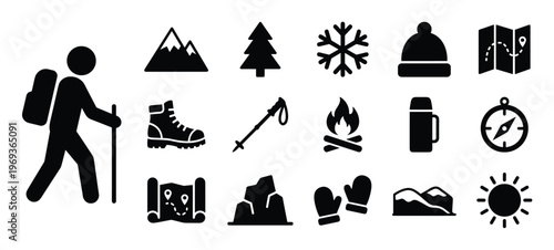 Comprehensive collection of black silhouette hiking and camping icons, including a hiker, mountains, trees, and essential gear