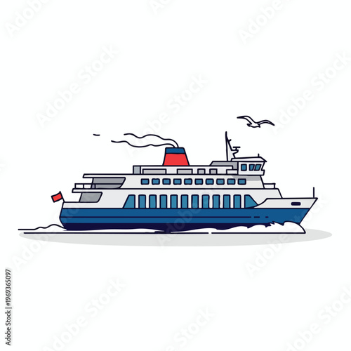 Side view of a white and blue passenger ferry sailing on water, leaving smoke