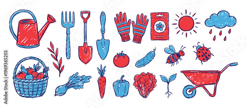 Collection of hand-drawn red and blue gardening tools, vegetables, and nature elements in a playful doodle style