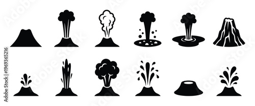 Various black volcano and geyser icons illustrate different stages of eruption and natural formations in a clean, graphic style