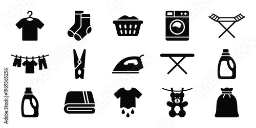 Comprehensive set of black laundry and cleaning icons, including clothing, appliances, and detergents, presented in a clean, graphic style