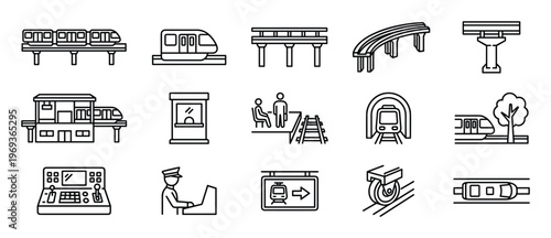 Comprehensive collection of fifteen outline icons representing various aspects of monorail and subway transportation systems