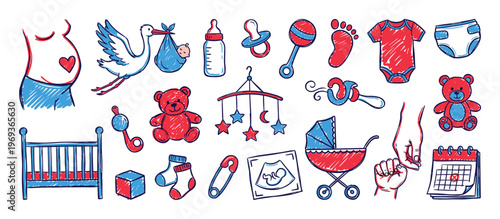 Various hand-drawn baby and pregnancy icons in red and blue colors are arranged neatly on a white surface, depicting a joyful theme
