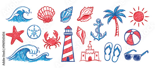 Collection of hand-drawn red and blue summer beach elements, including waves, seashells, a lighthouse, and sunglasses, on a white surface
