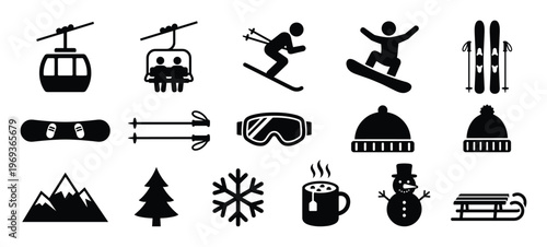 Collection of black winter sports and season icons including ski lift, snowboarder, skier, goggles, and a snowman