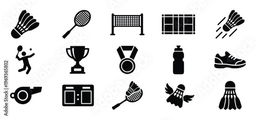 Collection of black silhouette badminton icons including shuttlecocks, rackets, net, court, and player, presented as graphic elements