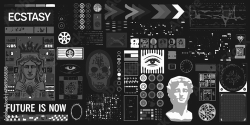 Collage of fragmented images including portraits eyes and geometric shapes