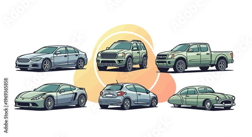 Various car styles in vector illustration with geometric background