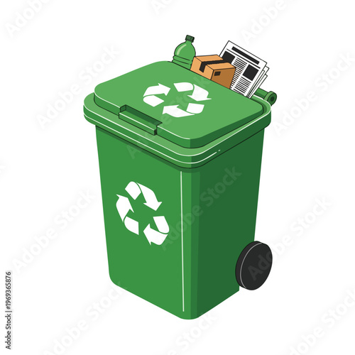 Green recycling bin with a plastic bottle, cardboard box, and newspapers on top