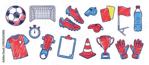 Various soccer equipment items are hand-drawn in a doodle style with red and blue colors, depicting common sports gear