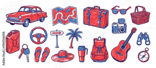 Collection of hand-drawn red and blue travel and road trip items, including a car, map, suitcase, and camera, on a white surface