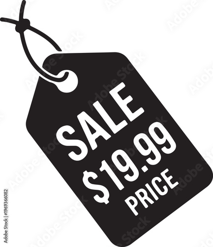 Black sale tag with $19.99 price and string on white background.