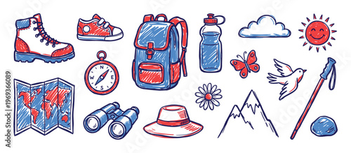Collection of hand-drawn red and blue outdoor adventure elements, including a hiking boot, backpack, map, and compass, on a white surface