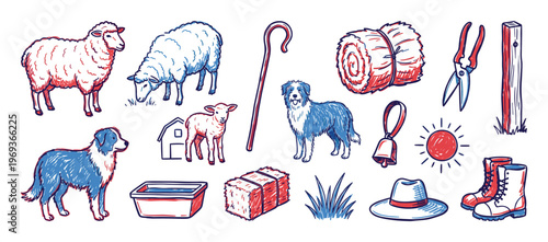 Collection of hand-drawn farm elements including sheep, dogs, hay bales, and farming tools in a rustic sketch style
