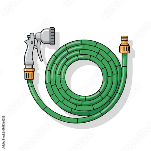 A coiled green garden hose with a spray nozzle and connector on a white background