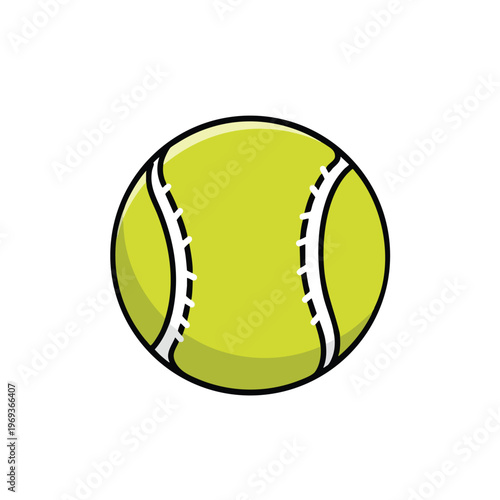 A stylized, lime-green tennis ball with white stitches and a black outline on a white background