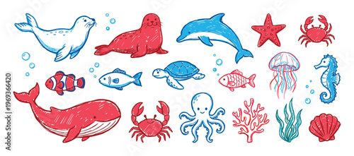 Collection of hand-drawn red and blue marine animals and sea life elements in a playful doodle style