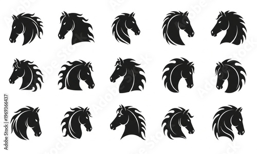 Fire horse head logo set zodiac stallion flame silhouette vector icons isolated on white