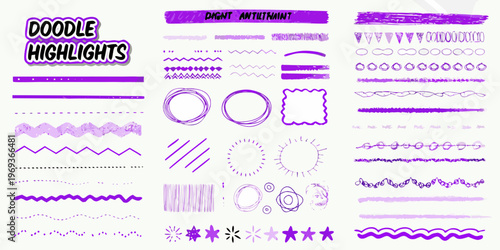 Collection of purple doodle highlights and decorative hand drawn elements