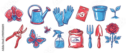 Various gardening tools and plants, including a watering can, gloves, and a rose, are depicted in a vibrant, hand-drawn illustration style