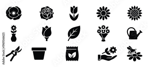 Collection of black silhouette gardening icons including various flowers, tools, and a bee on a blossom