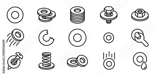 Collection of various outline washer icons depicting different types, uses, and states of these essential fasteners