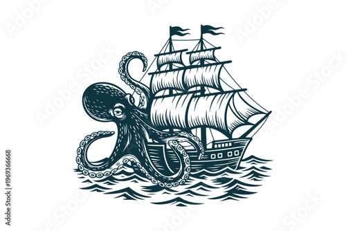 Green sea monster attacking a sailing ship with white sails green tentacles ocean waves