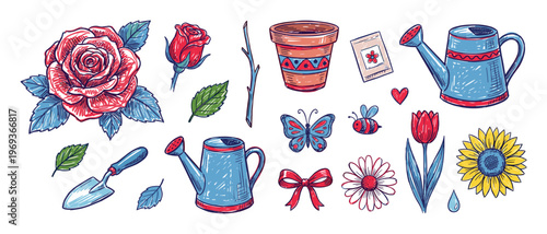 Various colorful hand-drawn gardening and nature-themed elements, including flowers, tools, and insects, are scattered across a white surface in a whimsical doodle style