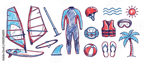 Collection of hand-drawn windsurfing equipment and beach accessories in a vibrant blue and red sketch style