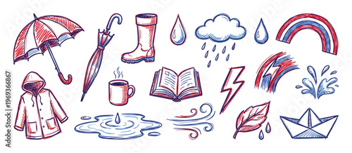 Collection of hand-drawn red and blue weather and rainy day elements, including umbrellas, rain boots, and a cloud