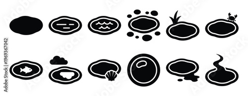 Collection of black and white pond and water body icons with various elements and shapes